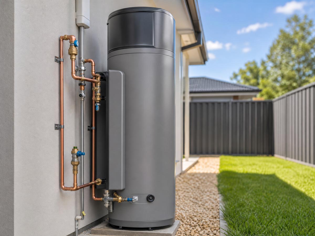 Brisbane electrician installs modern hot water system, showcasing expert electrical work and connections.