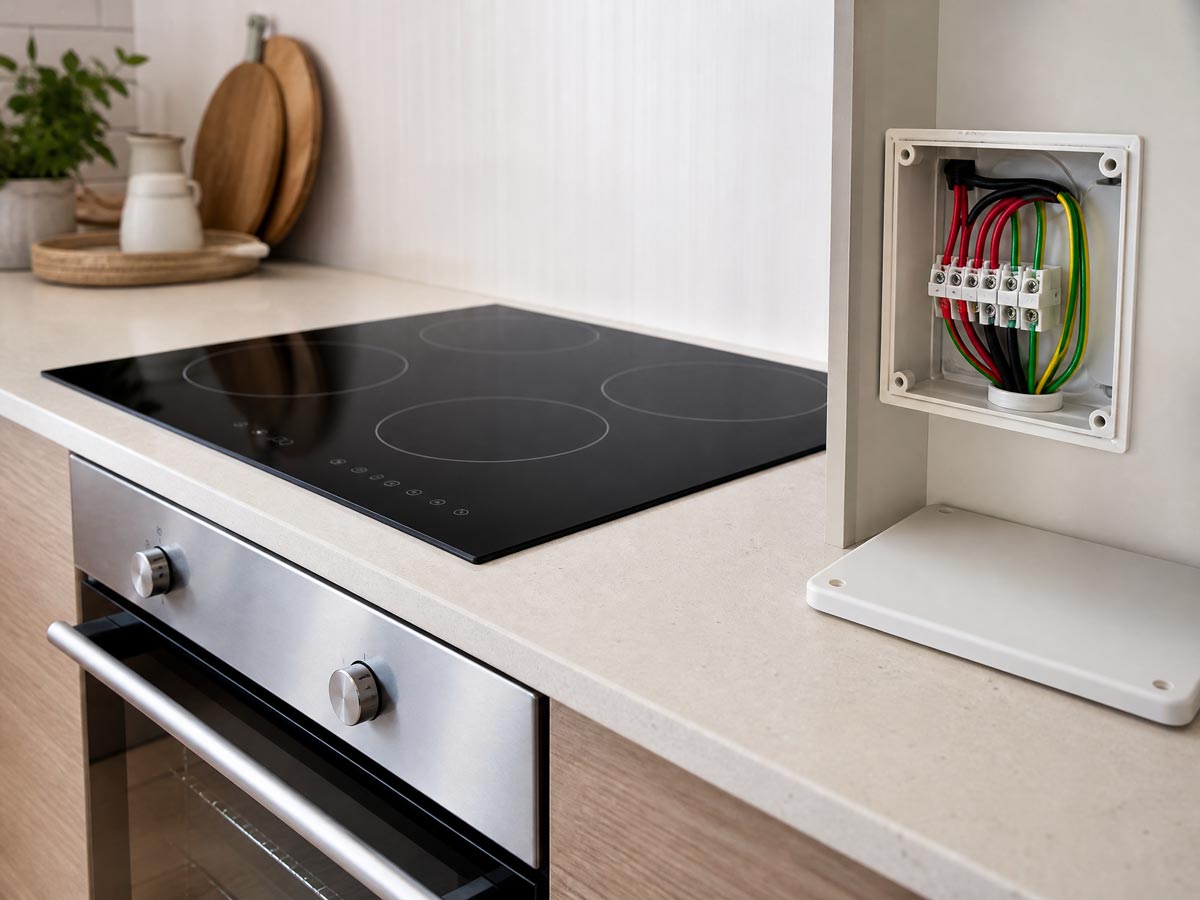 Brisbane electrician installing induction cooktop and kitchen oven wiring, safe junction box cabling in modern home.