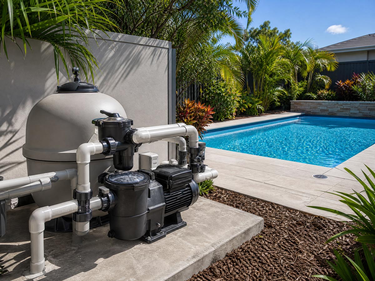 Brisbane electrician installs pool pump for efficient backyard swimming pool maintenance.