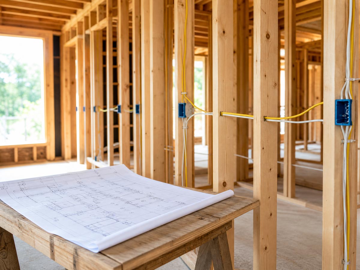 Brisbane electrician installing new house wiring through timber studs, blueprints on site.