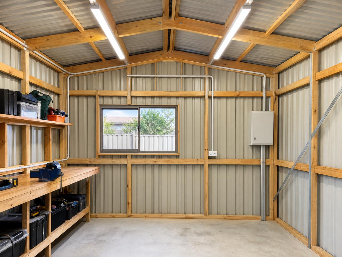 Brisbane electrician installs shed wiring, LED battens, conduits and switchboard in tidy workshop.