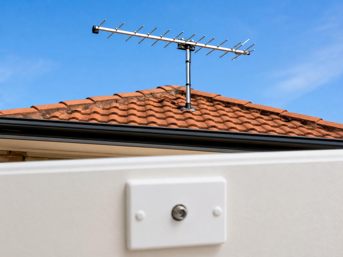 Brisbane electrician TV antenna installation on tiled roof with coaxial wall socket for strong reception